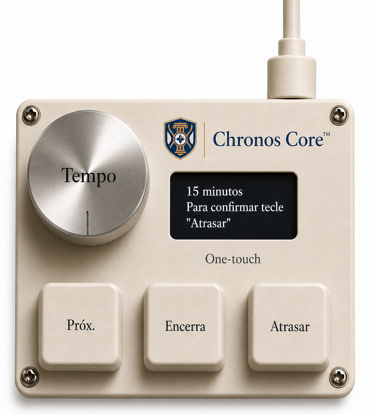 Chronos Core — console executivo de controle tátil para mesa do médico