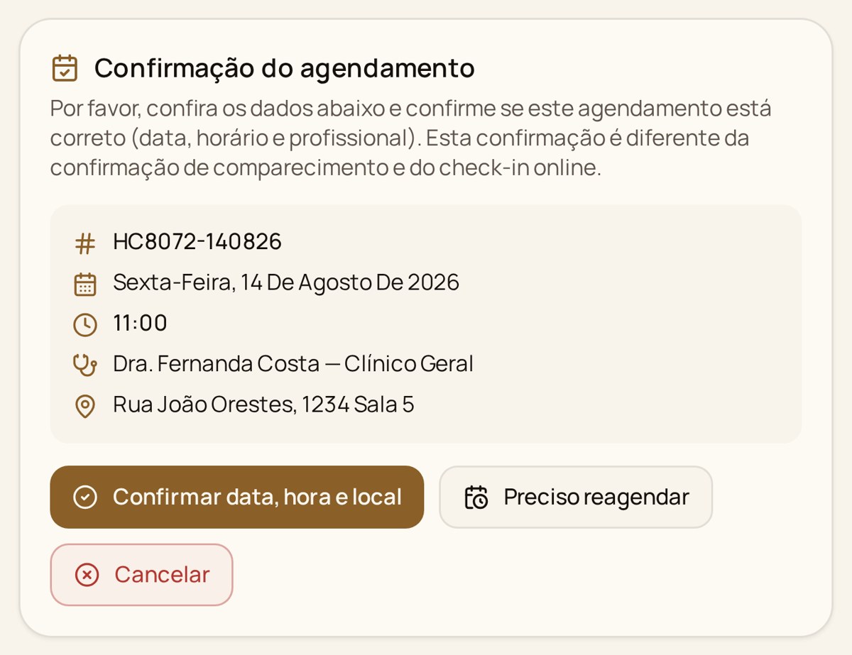 Tela real da área do paciente com o card Confirmação do agendamento, mostrando código da consulta, data, horário, médica, endereço e os botões confirmar, reagendar e cancelar