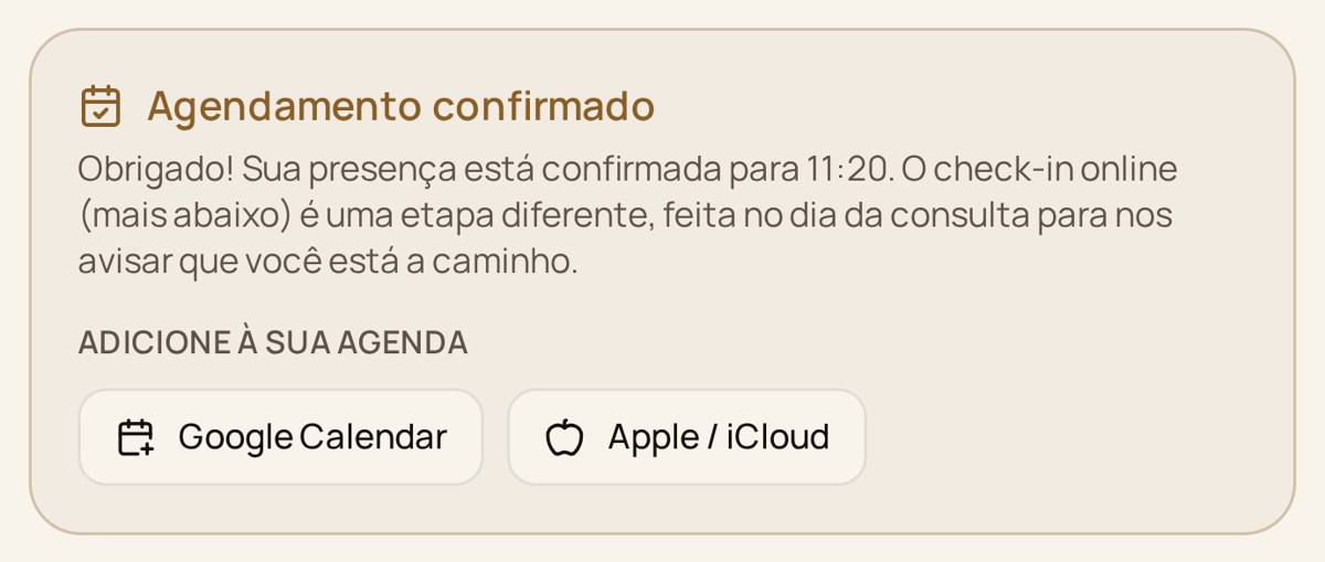 Tela real da área do paciente confirmando presença, com aviso de agendamento confirmado e botões para adicionar ao Google Calendar e Apple iCloud