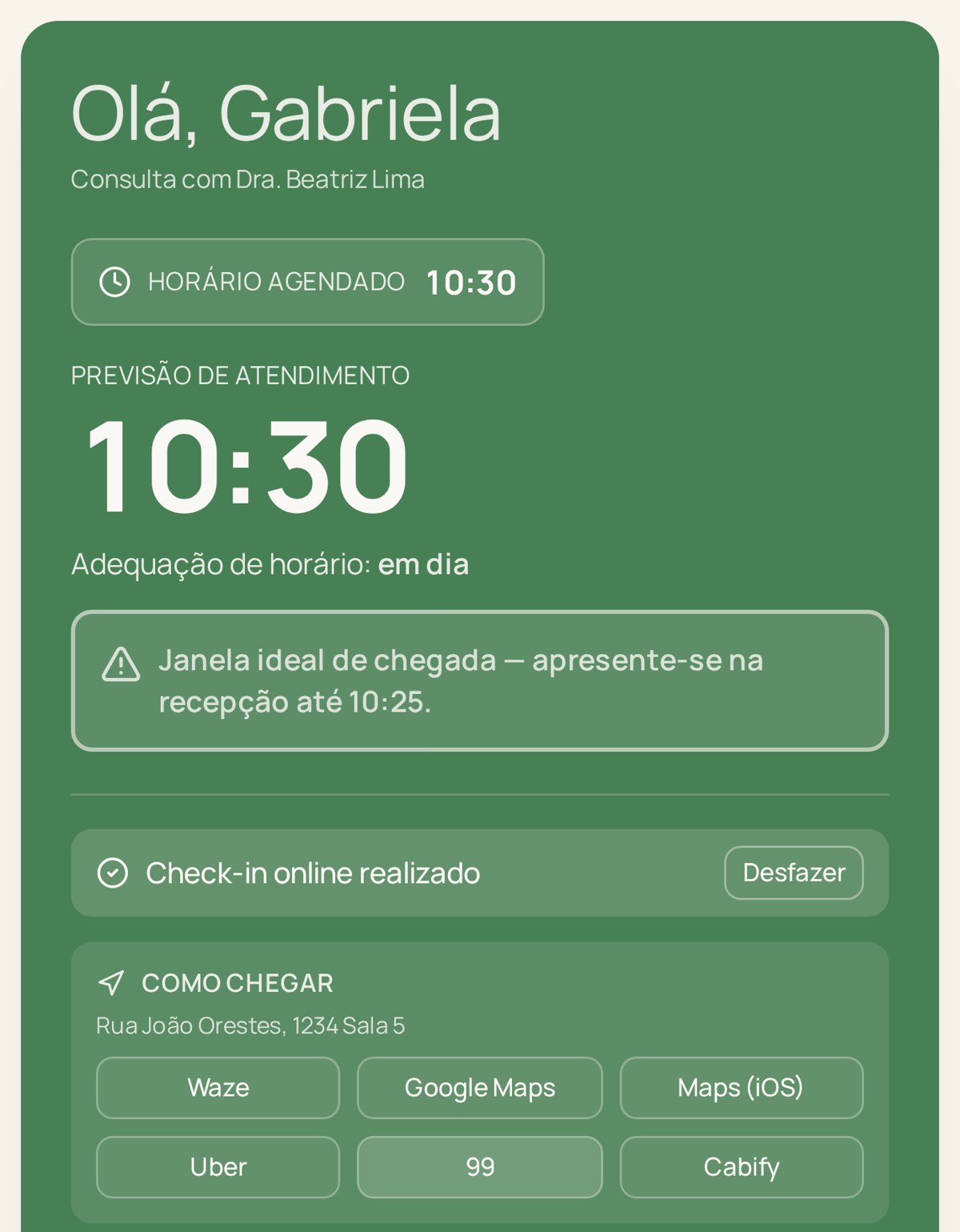 Tela real da área do paciente com horário agendado, previsão de atendimento ao vivo, janela ideal de chegada e check-in online realizado